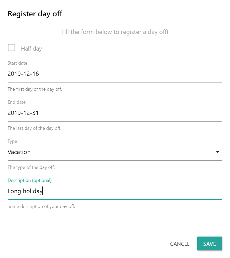 Add vacation dialog